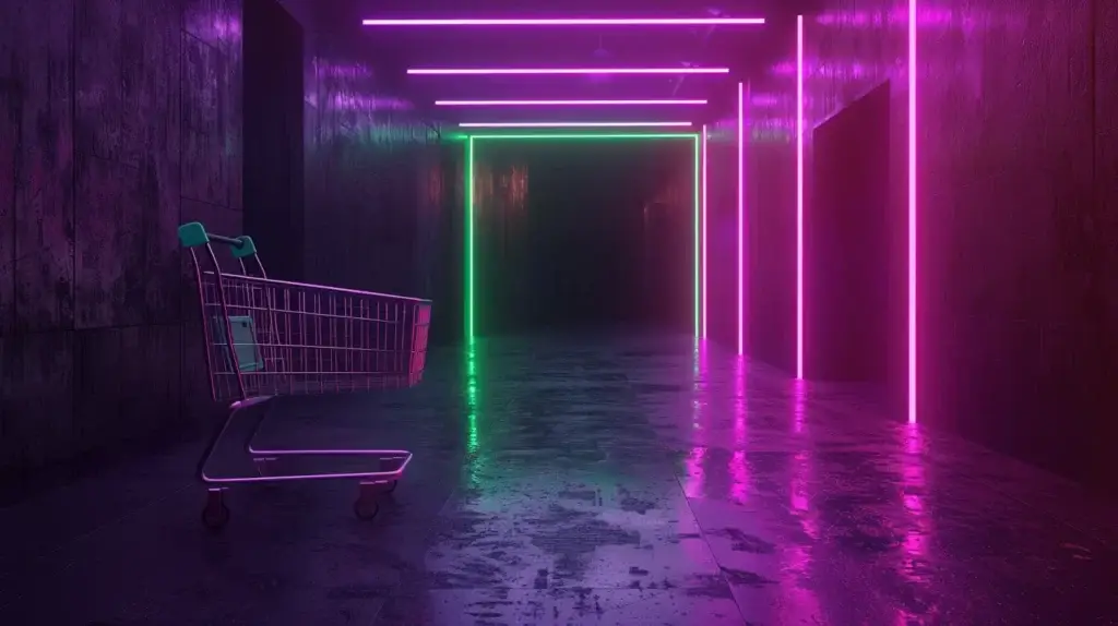a shopping cart in an empty neon hallway