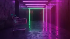 a shopping cart in an empty neon hallway